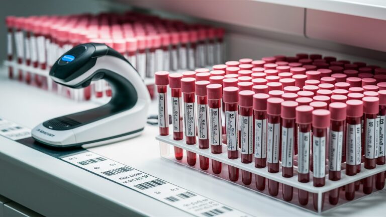 Labeling system with labels barcode scanner and labeled blood collection tubes