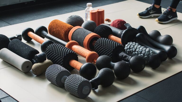 A selection of massage rollers of different textures and sizes arranged on a gym mat