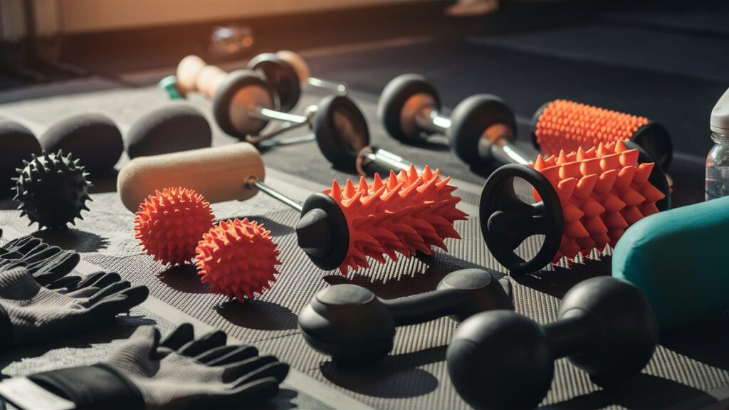 A selection of massage rollers of different textures and sizes arranged on a gym mat